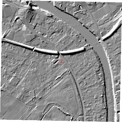 Shaded relief map of the ground around TW183JS, computed from Environment Agency LiDAR. The ground here sits at about 15 m above sea level and falls 7 m across the surrounding 800 m. Surface water reaching this point runs off ground lying to the north, 5.7 m higher.