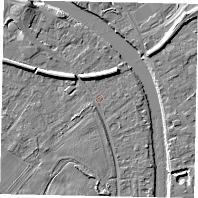 Shaded relief map of the ground around TW183JT, computed from Environment Agency LiDAR. The ground here sits at about 15 m above sea level and falls 7 m across the surrounding 800 m. Surface water reaching this point runs off ground lying to the north-west, 5.7 m higher.