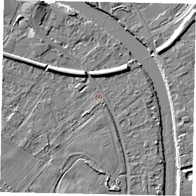 Shaded relief map of the ground around TW183JU, computed from Environment Agency LiDAR. The ground here sits at about 15 m above sea level and falls 7 m across the surrounding 800 m. Surface water reaching this point runs off ground lying to the north-north-west, 5.7 m higher.