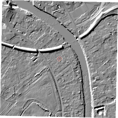 Shaded relief map of the ground around TW183JX, computed from Environment Agency LiDAR. The ground here sits at about 15 m above sea level and falls 7 m across the surrounding 800 m. Surface water reaching this point runs off ground lying to the north-north-west, 5.4 m higher.