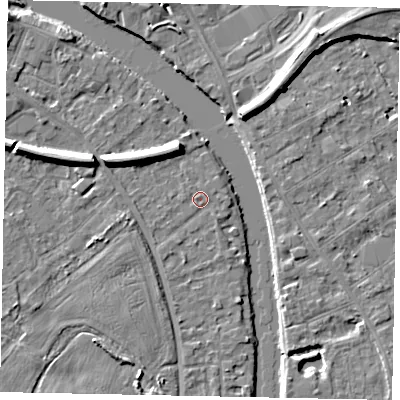 Shaded relief map of the ground around TW183JY, computed from Environment Agency LiDAR. The ground here sits at about 15 m above sea level and falls 7 m across the surrounding 800 m. Surface water reaching this point runs off ground lying to the east, 0.7 m higher.