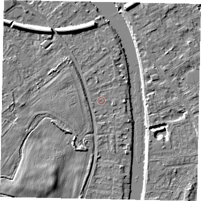 Shaded relief map of the ground around TW183LA, computed from Environment Agency LiDAR. The ground here sits at about 14 m above sea level and falls 7 m across the surrounding 800 m. Surface water reaching this point runs off ground lying to the south-south-west, 0.6 m higher.