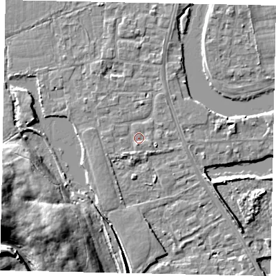 Shaded relief map of the ground around TW183LB, computed from Environment Agency LiDAR. The ground here sits at about 14 m above sea level and falls 18 m across the surrounding 800 m. Surface water reaching this point runs off ground lying to the east-south-east, 1.1 m higher.