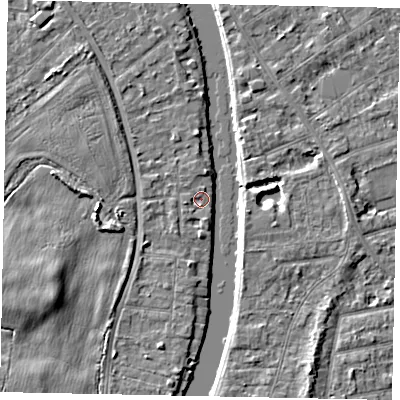 Shaded relief map of the ground around TW183LD, computed from Environment Agency LiDAR. The ground here sits at about 14 m above sea level and falls 4 m across the surrounding 800 m. Surface water reaching this point runs off ground lying to the west-south-west, 1.1 m higher.