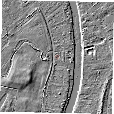 Shaded relief map of the ground around TW183LF, computed from Environment Agency LiDAR. The ground here sits at about 14 m above sea level and falls 4 m across the surrounding 800 m. Surface water reaching this point runs off ground lying to the north-north-east, 1.2 m higher.