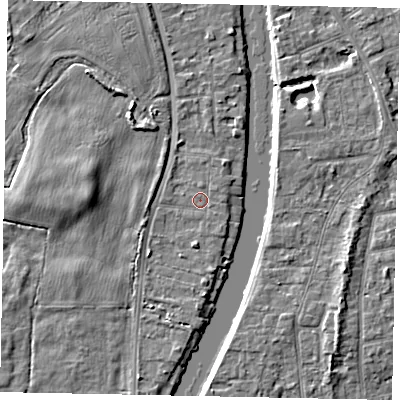 Shaded relief map of the ground around TW183LG, computed from Environment Agency LiDAR. The ground here sits at about 14 m above sea level and falls 4 m across the surrounding 800 m. Surface water reaching this point runs off ground lying to the north-north-east, 1.0 m higher.