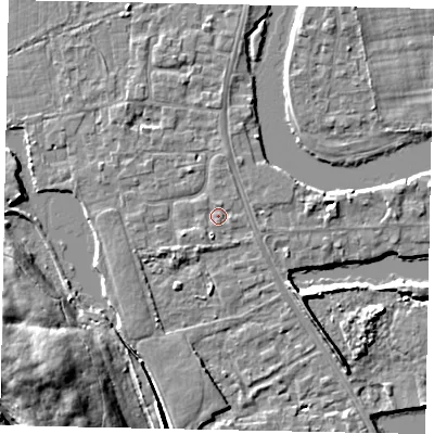 Shaded relief map of the ground around TW183LH, computed from Environment Agency LiDAR. The ground here sits at about 14 m above sea level and falls 16 m across the surrounding 800 m. Surface water reaching this point runs off ground lying to the west-south-west, 2.1 m higher.
