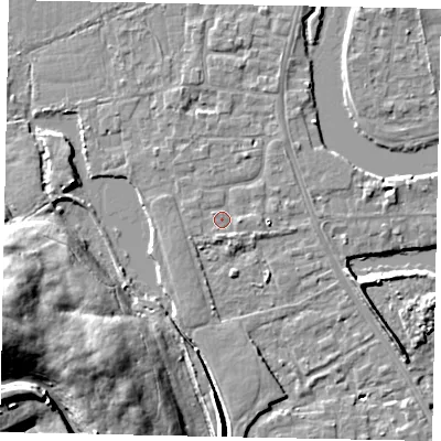 Shaded relief map of the ground around TW183LJ, computed from Environment Agency LiDAR. The ground here sits at about 14 m above sea level and falls 20 m across the surrounding 800 m. Surface water reaching this point runs off ground lying to the east, 1.3 m higher.