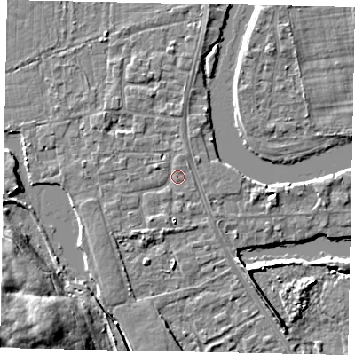 Shaded relief map of the ground around TW183LL, computed from Environment Agency LiDAR. The ground here sits at about 14 m above sea level and falls 16 m across the surrounding 800 m. Surface water reaching this point runs off ground lying to the south-south-west, 1.8 m higher.