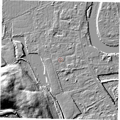 Shaded relief map of the ground around TW183LN, computed from Environment Agency LiDAR. The ground here sits at about 14 m above sea level and falls 20 m across the surrounding 800 m. Surface water reaching this point runs off ground lying to the south-east, 1.4 m higher.