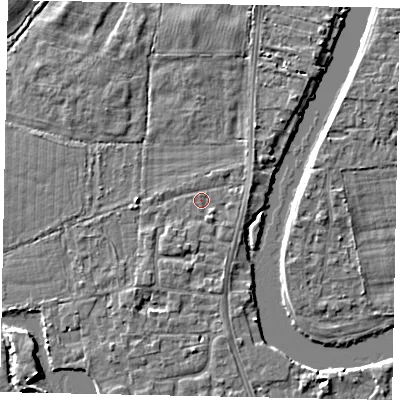 Shaded relief map of the ground around TW183LP, computed from Environment Agency LiDAR. The ground here sits at about 14 m above sea level and falls 4 m across the surrounding 800 m. Surface water reaching this point runs off ground lying to the east-north-east, 1.0 m higher.
