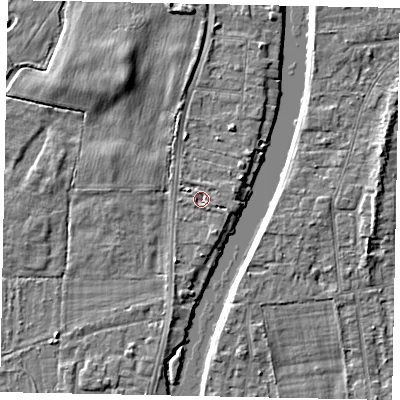 Shaded relief map of the ground around TW183LQ, computed from Environment Agency LiDAR. The ground here sits at about 14 m above sea level and falls 4 m across the surrounding 800 m. Surface water reaching this point runs off ground lying to the east-south-east, 1.0 m higher.