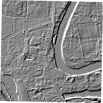 Shaded relief map of the ground around TW183LR, computed from Environment Agency LiDAR. The ground here sits at about 14 m above sea level and falls 8 m across the surrounding 800 m. Surface water reaching this point runs off ground lying to the west-south-west, 1.0 m higher.