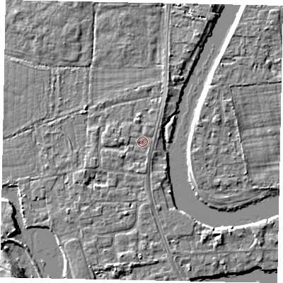 Shaded relief map of the ground around TW183LS, computed from Environment Agency LiDAR. The ground here sits at about 15 m above sea level and falls 7 m across the surrounding 800 m. Surface water reaching this point runs off ground lying to the south-west, 0.9 m higher.