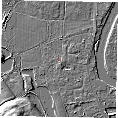 Shaded relief map of the ground around TW183LT, computed from Environment Agency LiDAR. The ground here sits at about 14 m above sea level and falls 18 m across the surrounding 800 m. Surface water reaching this point runs off ground lying to the east-south-east, 0.9 m higher.