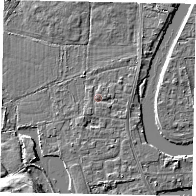 Shaded relief map of the ground around TW183LU, computed from Environment Agency LiDAR. The ground here sits at about 15 m above sea level and falls 13 m across the surrounding 800 m. Surface water reaching this point runs off ground lying to the east-north-east, 1.1 m higher.