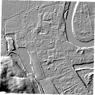 Shaded relief map of the ground around TW183LW, computed from Environment Agency LiDAR. The ground here sits at about 14 m above sea level and falls 20 m across the surrounding 800 m. Surface water reaching this point runs off ground lying to the south-south-east, 1.4 m higher.