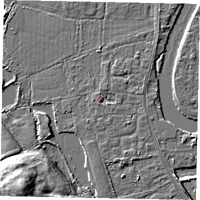 Shaded relief map of the ground around TW183LX, computed from Environment Agency LiDAR. The ground here sits at about 15 m above sea level and falls 20 m across the surrounding 800 m. Surface water reaching this point runs off ground lying to the north, 1.4 m higher.