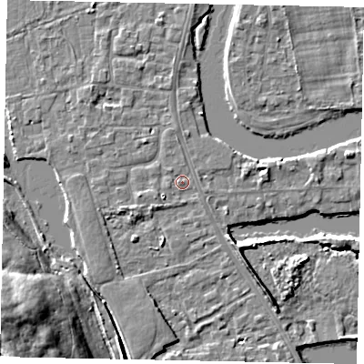 Shaded relief map of the ground around TW183LY, computed from Environment Agency LiDAR. The ground here sits at about 14 m above sea level and falls 16 m across the surrounding 800 m. Surface water reaching this point runs off ground lying to the west-south-west, 2.1 m higher.