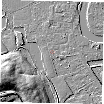 Shaded relief map of the ground around TW183LZ, computed from Environment Agency LiDAR. The ground here sits at about 14 m above sea level and falls 20 m across the surrounding 800 m. Surface water reaching this point runs off ground lying to the east, 1.3 m higher.
