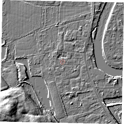 Shaded relief map of the ground around TW183NB, computed from Environment Agency LiDAR. The ground here sits at about 14 m above sea level and falls 20 m across the surrounding 800 m. Surface water reaching this point runs off ground lying to the south-south-east, 1.8 m higher.