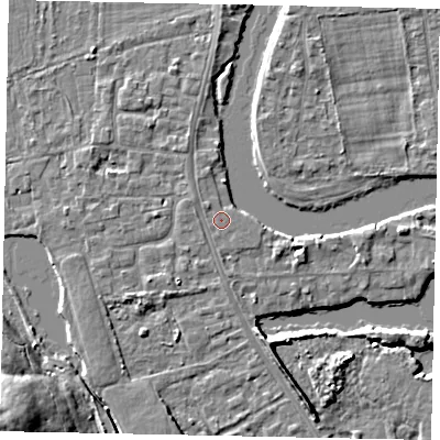 Shaded relief map of the ground around TW183ND, computed from Environment Agency LiDAR. The ground here sits at about 14 m above sea level and falls 15 m across the surrounding 800 m. Surface water reaching this point runs off ground lying to the north-west, 0.7 m higher.