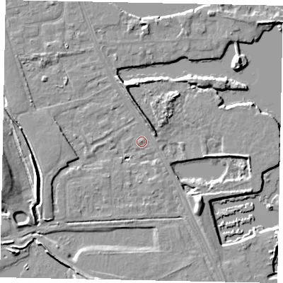 Shaded relief map of the ground around TW183NF, computed from Environment Agency LiDAR. The ground here sits at about 14 m above sea level and falls 8 m across the surrounding 800 m. Surface water reaching this point runs off ground lying to the north, 5.7 m higher.