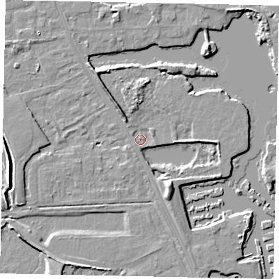 Shaded relief map of the ground around TW183NG, computed from Environment Agency LiDAR. The ground here sits at about 14 m above sea level and falls 7 m across the surrounding 800 m. Surface water reaching this point runs off ground lying to the south-south-east, 6.1 m higher.