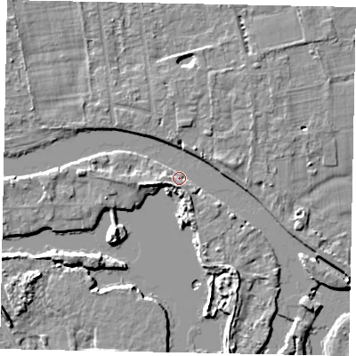 Shaded relief map of the ground around TW183NH, computed from Environment Agency LiDAR. The ground here sits at about 14 m above sea level and falls 6 m across the surrounding 800 m. Surface water reaching this point runs off ground lying to the south-south-west, 2.9 m higher.