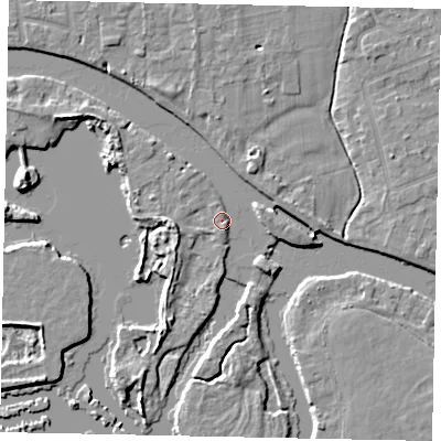 Shaded relief map of the ground around TW183NJ, computed from Environment Agency LiDAR. The ground here sits at about 14 m above sea level and falls 6 m across the surrounding 800 m. Surface water reaching this point runs off ground lying to the south-south-east, 1.7 m higher.