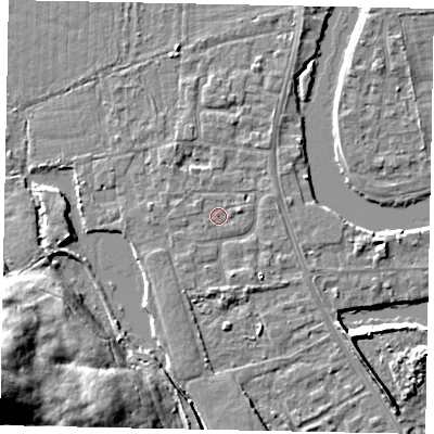 Shaded relief map of the ground around TW183NL, computed from Environment Agency LiDAR. The ground here sits at about 14 m above sea level and falls 20 m across the surrounding 800 m. Surface water reaching this point runs off ground lying to the south-south-east, 1.4 m higher.