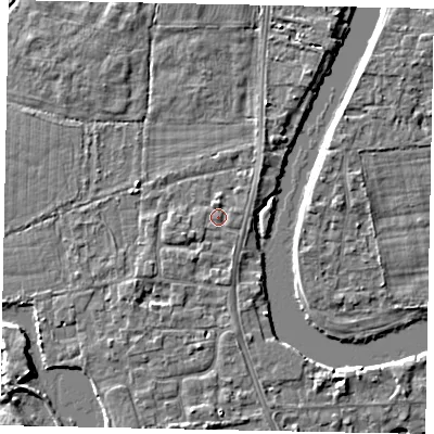 Shaded relief map of the ground around TW183NP, computed from Environment Agency LiDAR. The ground here sits at about 15 m above sea level and falls 6 m across the surrounding 800 m. Surface water reaching this point runs off ground lying to the north, 0.6 m higher.