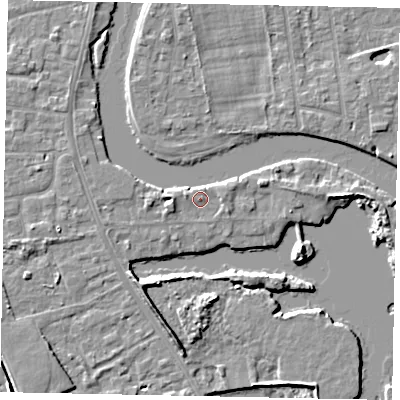 Shaded relief map of the ground around TW183NQ, computed from Environment Agency LiDAR. The ground here sits at about 15 m above sea level and falls 6 m across the surrounding 800 m. Surface water reaching this point runs off ground lying to the west, 1.6 m higher.