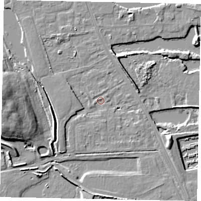 Shaded relief map of the ground around TW183NW, computed from Environment Agency LiDAR. The ground here sits at about 14 m above sea level and falls 14 m across the surrounding 800 m. Surface water reaching this point runs off ground lying to the south-south-west, 2.5 m higher.