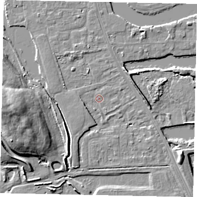 Shaded relief map of the ground around TW183NZ, computed from Environment Agency LiDAR. The ground here sits at about 14 m above sea level and falls 16 m across the surrounding 800 m. Surface water reaching this point runs off ground lying to the south-south-west, 3.6 m higher.