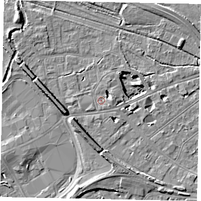 Shaded relief map of the ground around TW184AB, computed from Environment Agency LiDAR. The ground here sits at about 15 m above sea level and falls 11 m across the surrounding 800 m. Surface water reaching this point runs off ground lying to the east, 3.4 m higher.