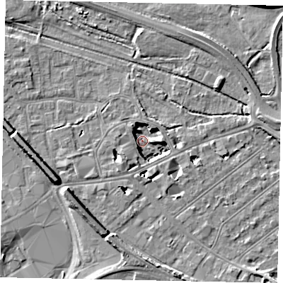 Shaded relief map of the ground around TW184AE, computed from Environment Agency LiDAR. The ground here sits at about 11 m above sea level and falls 11 m across the surrounding 800 m. Surface water reaching this point runs off ground lying to the south-west, 6.8 m higher.