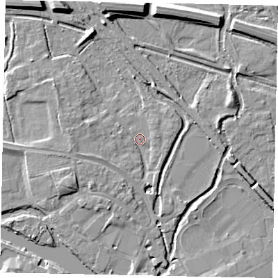 Shaded relief map of the ground around TW184AG, computed from Environment Agency LiDAR. The ground here sits at about 16 m above sea level and falls 11 m across the surrounding 800 m. Surface water reaching this point runs off ground lying to the west, 2.4 m higher.