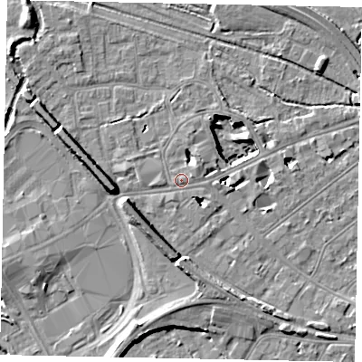 Shaded relief map of the ground around TW184AH, computed from Environment Agency LiDAR. The ground here sits at about 16 m above sea level and falls 11 m across the surrounding 800 m. Surface water reaching this point runs off ground lying to the south-south-west, 3.3 m higher.