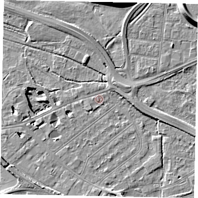 Shaded relief map of the ground around TW184AX, computed from Environment Agency LiDAR. The ground here sits at about 15 m above sea level and falls 15 m across the surrounding 800 m. Surface water reaching this point runs off ground lying to the north-east, 4.2 m higher.