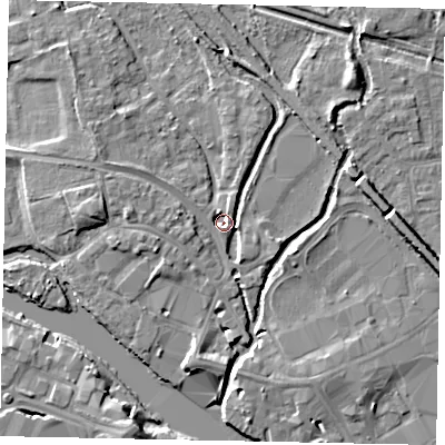 Shaded relief map of the ground around TW184BB, computed from Environment Agency LiDAR. The ground here sits at about 14 m above sea level and falls 8 m across the surrounding 800 m. Surface water reaching this point runs off ground lying to the west, 3.4 m higher.