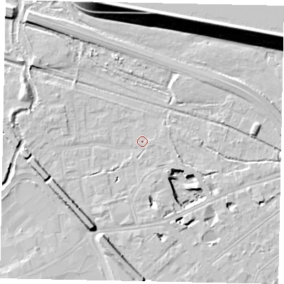Shaded relief map of the ground around TW184BD, computed from Environment Agency LiDAR. The ground here sits at about 15 m above sea level and falls 22 m across the surrounding 800 m. Surface water reaching this point runs off ground lying to the south-south-east, 3.4 m higher.