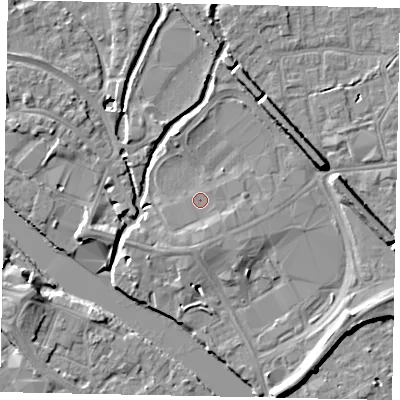 Shaded relief map of the ground around TW184BL, computed from Environment Agency LiDAR. The ground here sits at about 16 m above sea level and falls 8 m across the surrounding 800 m. Surface water reaching this point runs off ground lying to the south, 1.7 m higher.