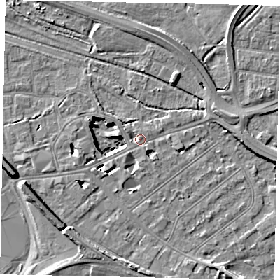 Shaded relief map of the ground around TW184BN, computed from Environment Agency LiDAR. The ground here sits at about 15 m above sea level and falls 11 m across the surrounding 800 m. Surface water reaching this point runs off ground lying to the south-west, 4.2 m higher.