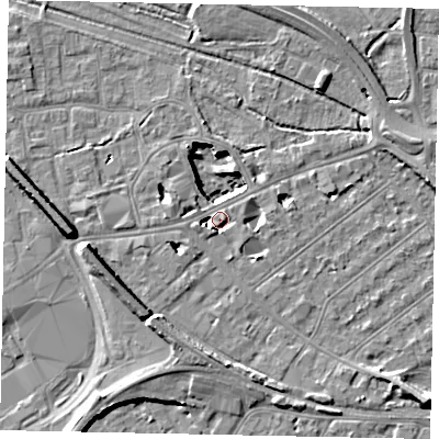 Shaded relief map of the ground around TW184BP, computed from Environment Agency LiDAR. The ground here sits at about 16 m above sea level and falls 11 m across the surrounding 800 m. Surface water reaching this point runs off ground lying to the east-south-east, 3.2 m higher.