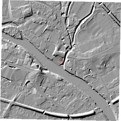 Shaded relief map of the ground around TW184BU, computed from Environment Agency LiDAR. The ground here sits at about 15 m above sea level and falls 8 m across the surrounding 800 m. Surface water reaching this point runs off ground lying to the north-west, 5.5 m higher.