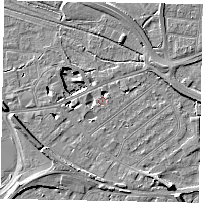 Shaded relief map of the ground around TW184BW, computed from Environment Agency LiDAR. The ground here sits at about 15 m above sea level and falls 11 m across the surrounding 800 m. Surface water reaching this point runs off ground lying to the east-north-east, 0.6 m higher.