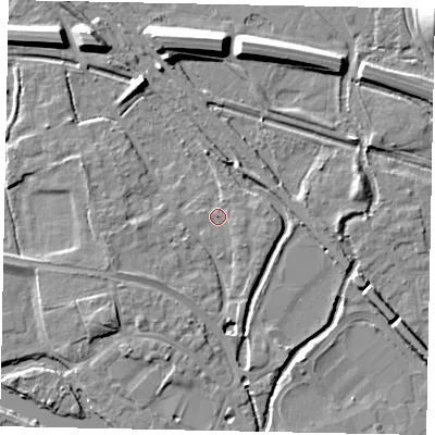 Shaded relief map of the ground around TW184DD, computed from Environment Agency LiDAR. The ground here sits at about 16 m above sea level and falls 18 m across the surrounding 800 m. Surface water reaching this point runs off ground lying to the east-south-east, 1.6 m higher.