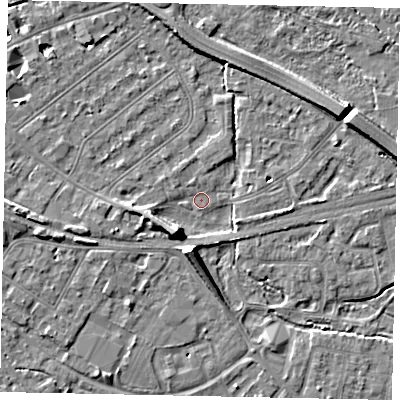 Shaded relief map of the ground around TW184DE, computed from Environment Agency LiDAR. The ground here sits at about 14 m above sea level and falls 10 m across the surrounding 800 m. Surface water reaching this point runs off ground lying to the south, 6.5 m higher.