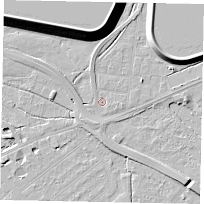 Shaded relief map of the ground around TW184DF, computed from Environment Agency LiDAR. The ground here sits at about 15 m above sea level and falls 22 m across the surrounding 800 m. Surface water reaching this point runs off ground lying to the north-west, 4.8 m higher.